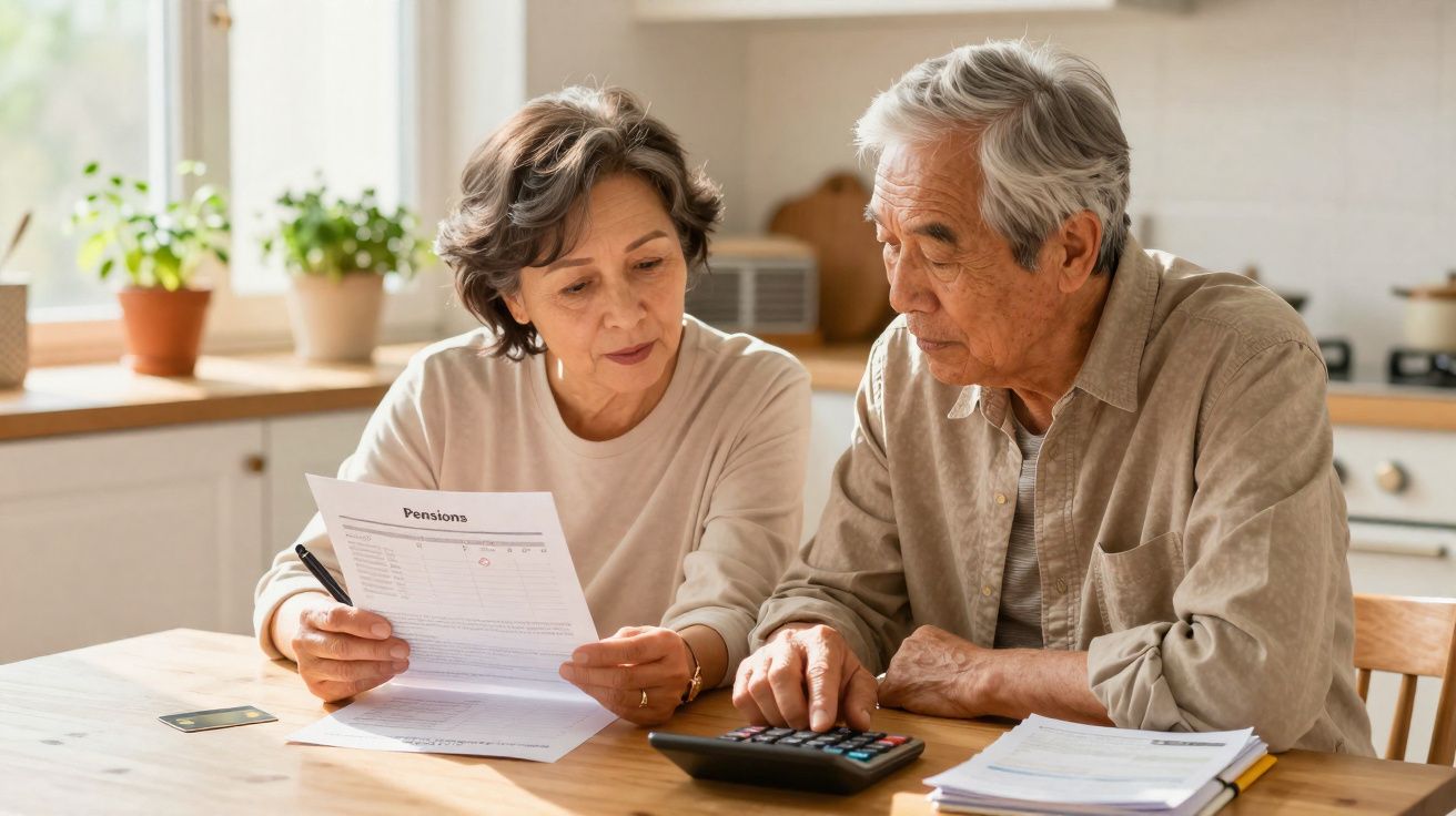 Casal idoso analisando documento e calculando despesas na cozinha iluminada pela luz natural.