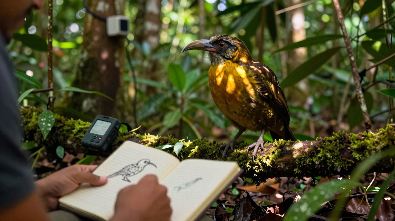 Pessoa desenha pássaro amarelo com bico curvo em caderno próximo ao animal na floresta.