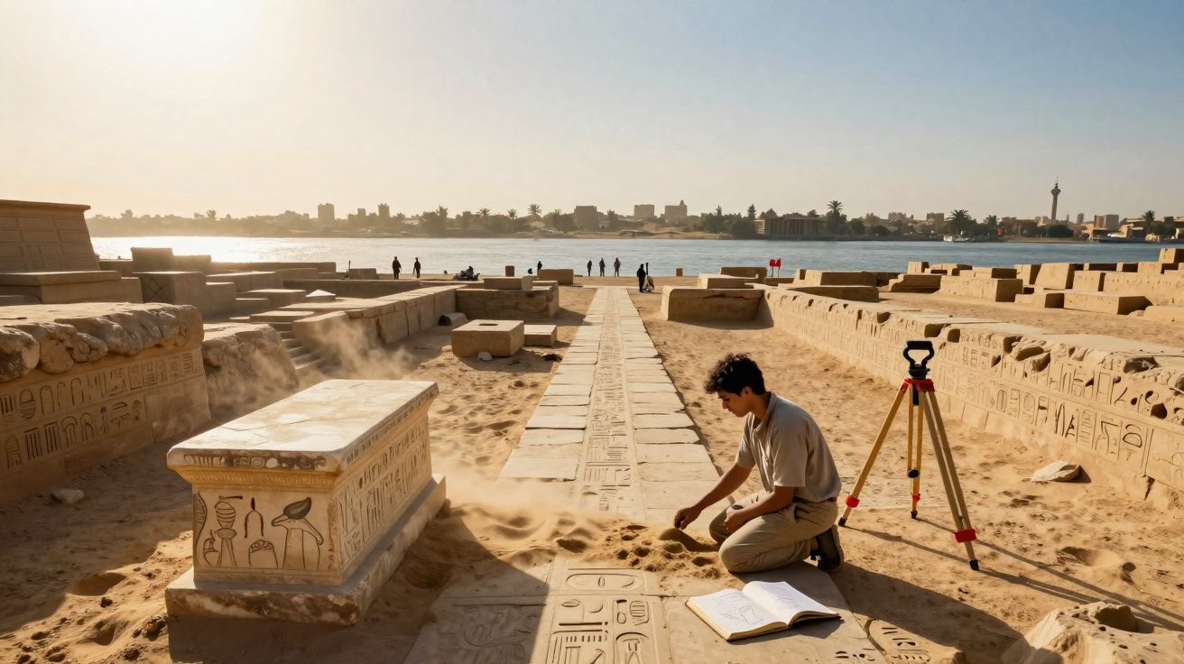 Arqueólogo escavando em sítio arqueológico com hieróglifos próximos a um rio ao pôr do sol.