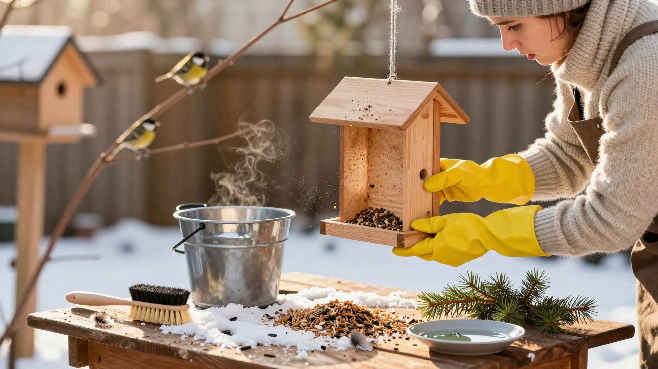 Pessoa com luvas amarelas colocando alimento em comedouro de pássaros em mesa com neve ao redor.