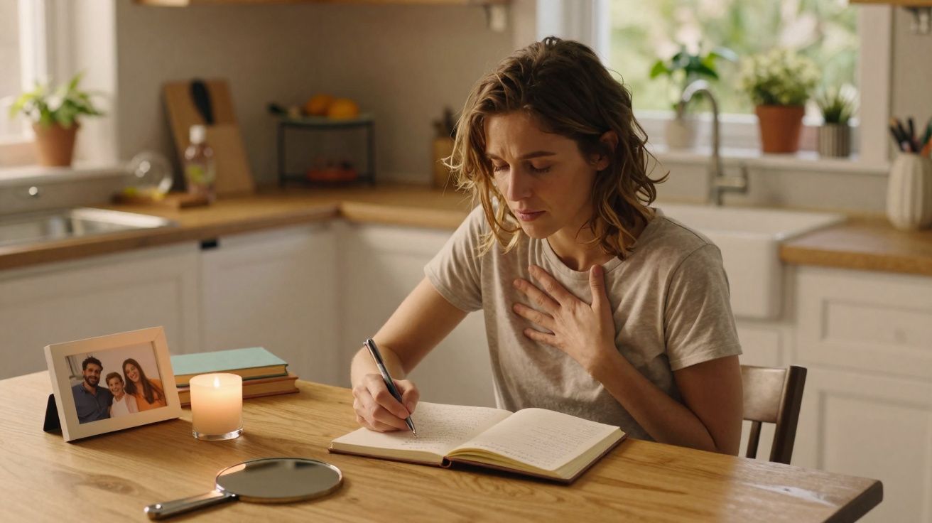 Mulher emocionada escreve em diário à mesa com vela, foto de família e espelho ao lado na cozinha iluminada.
