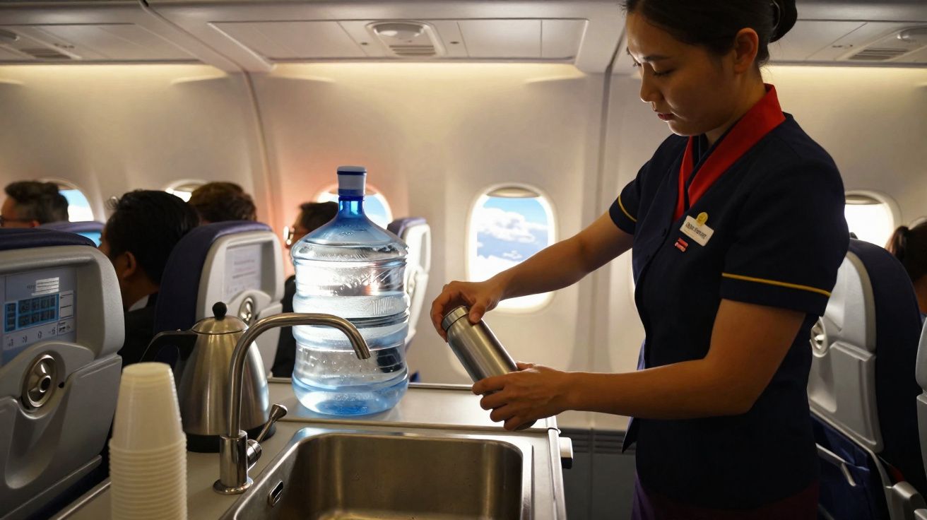 Comissária de bordo servindo bebida em copo térmico dentro de avião durante voo.