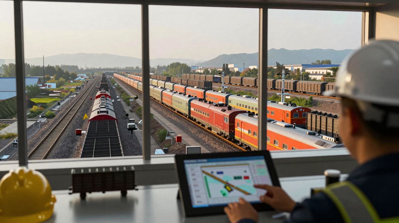 Homem com capacete opera controle digital enquanto observa trens em estação ferroviária ampla.