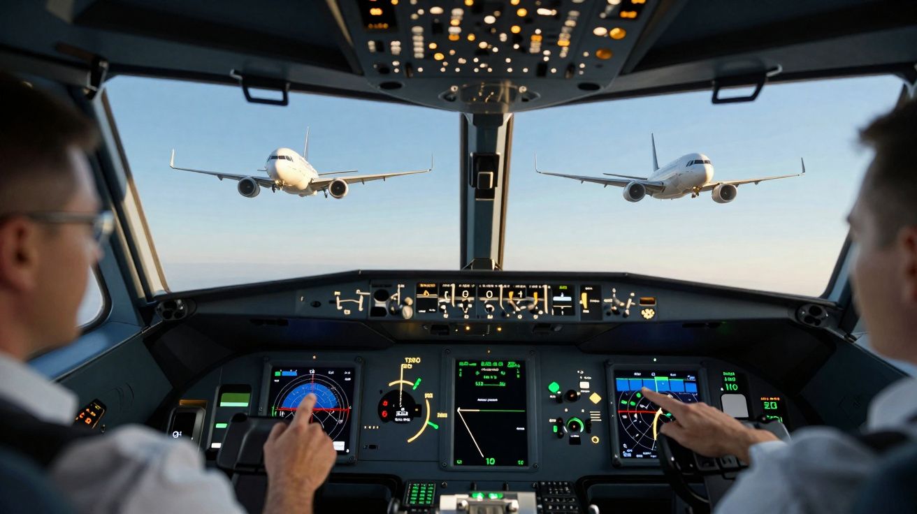 Pilotos na cabine de comando operando controles com dois aviões voando à frente ao céu claro.