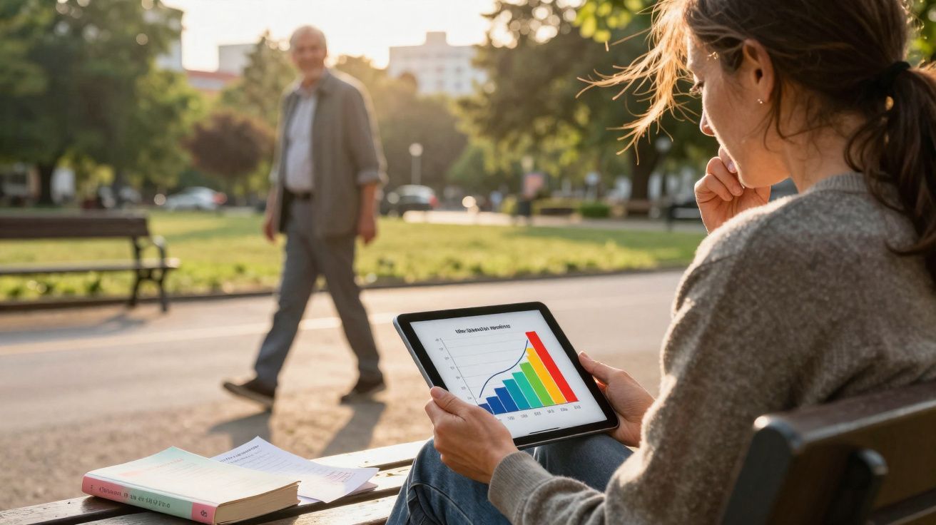 Mulher sentada em banco de praça, analisando gráfico colorido em tablet, enquanto um homem caminha ao fundo.