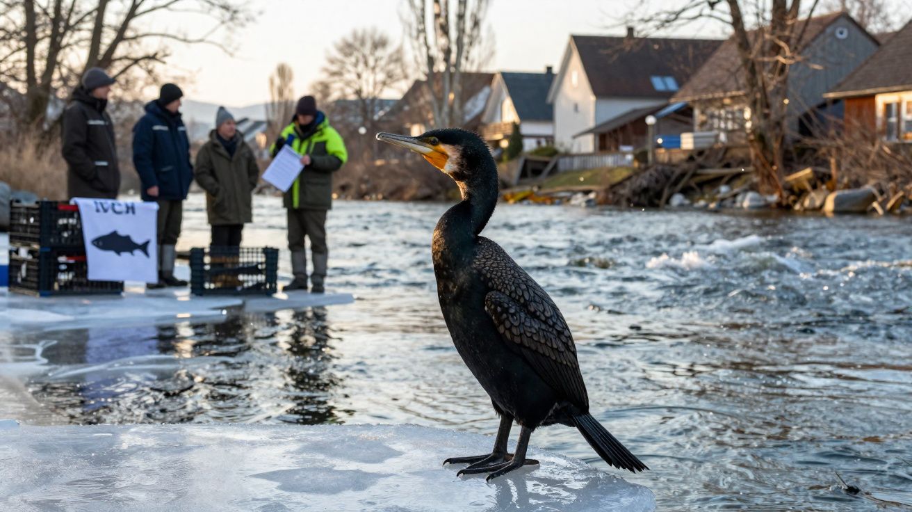 Pássaro preto em gelo com rio agitado e quatro pessoas conversando ao fundo em área residencial.