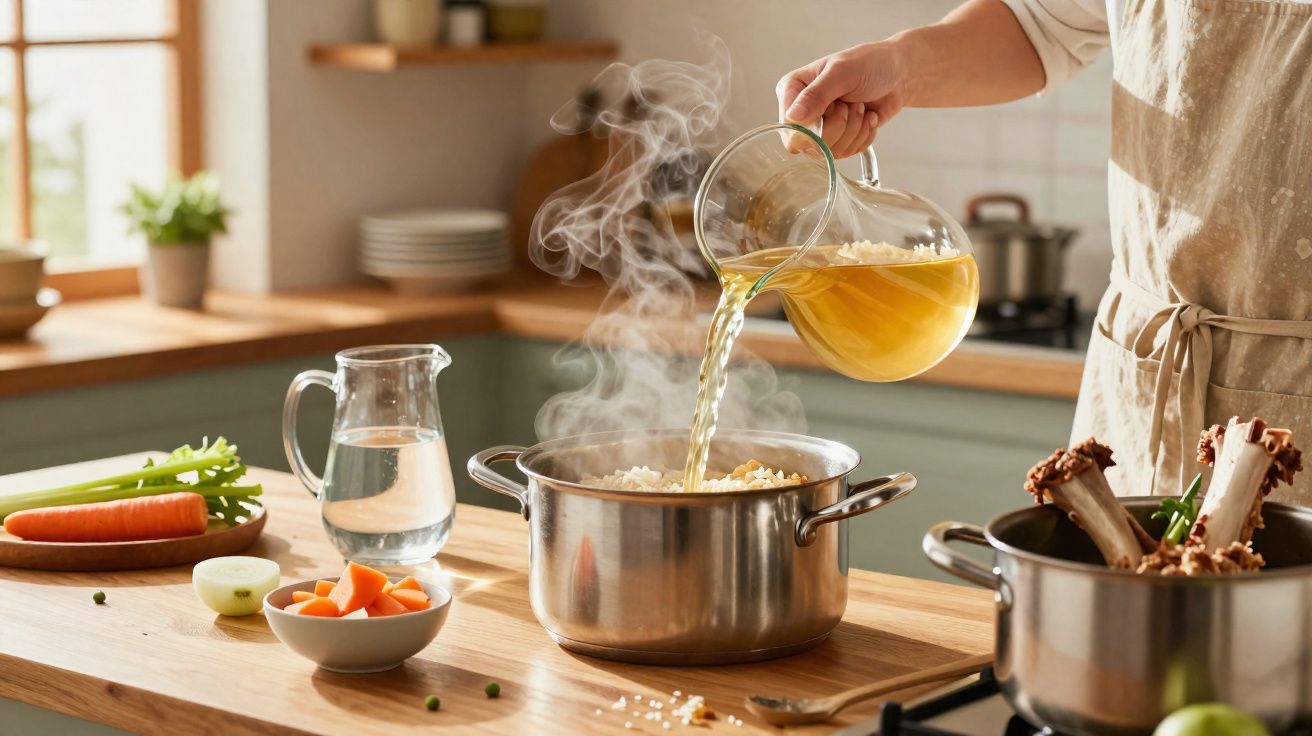 Pessoa despejando caldo em panela com legumes para preparar sopa na cozinha caseira.