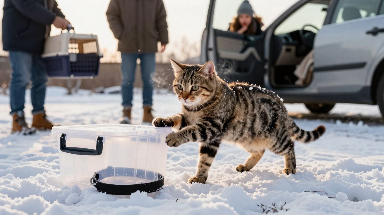 Gato tigrado cinza brinca na neve ao lado de recipiente transparente com pessoas e carro ao fundo.
