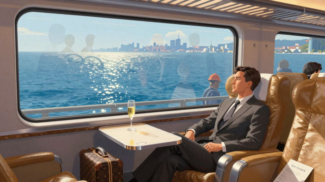 Homem de terno sentado em poltrona luxuosa de trem, olhando para o mar com taça de champanhe na mesa.