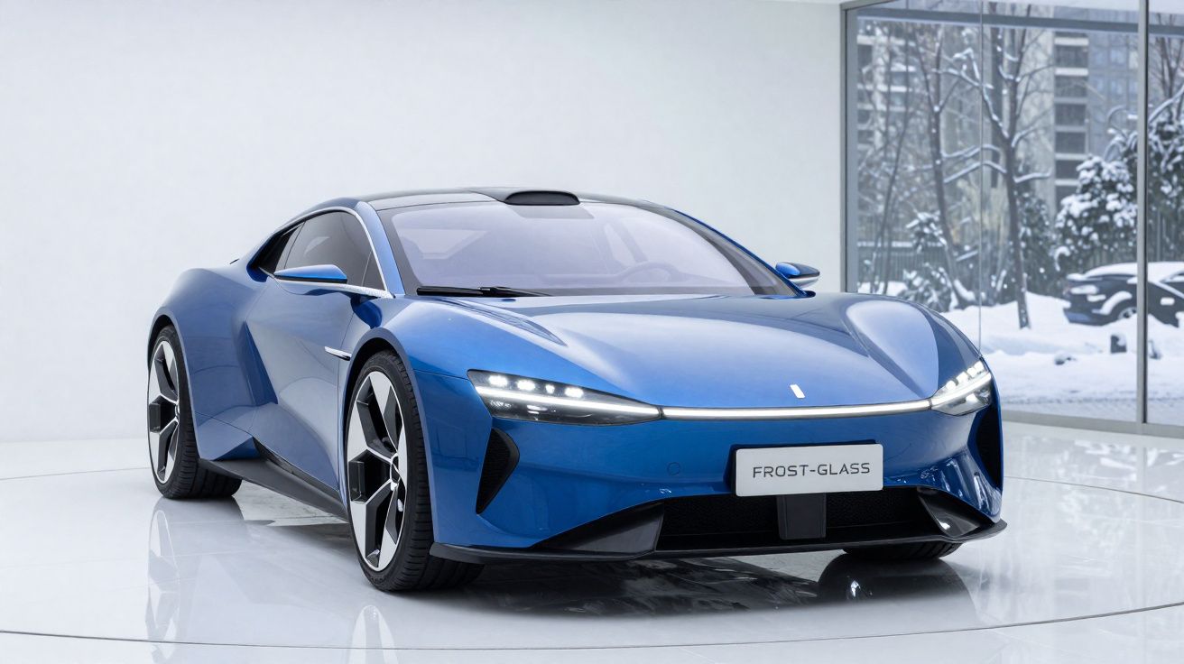 Carro esportivo elétrico azul Frost-Glass em ambiente interno com grandes janelas e neve do lado de fora.