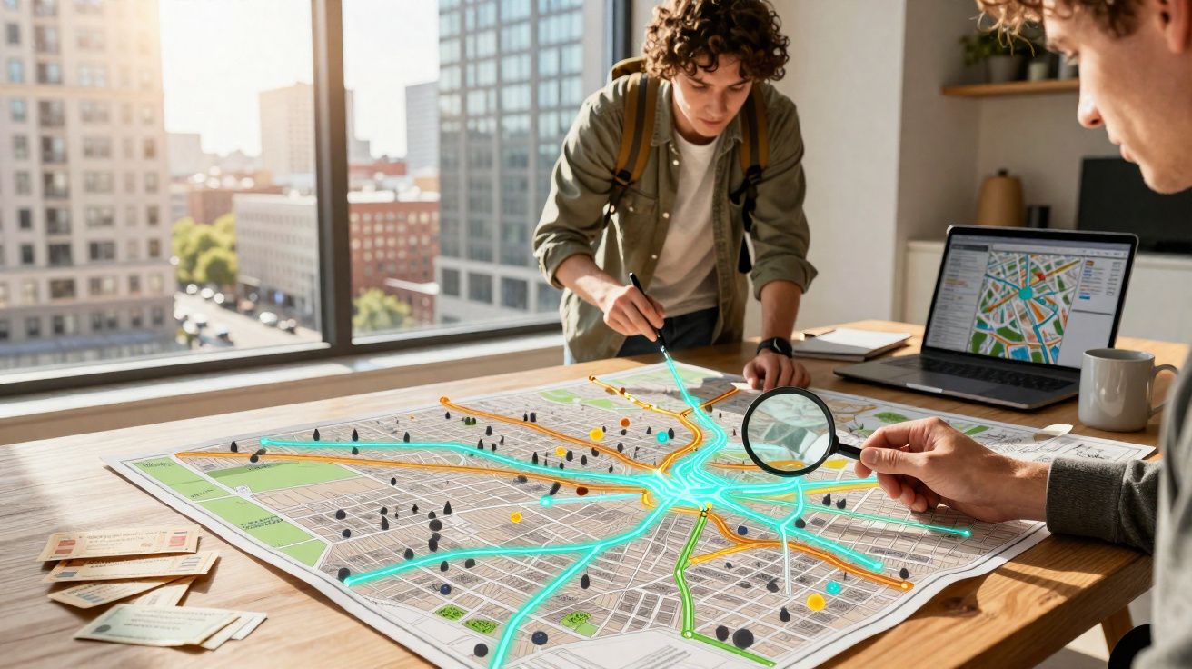 Duas pessoas analisando um mapa urbano com destaque em rotas coloridas e pontos de referência em uma mesa.