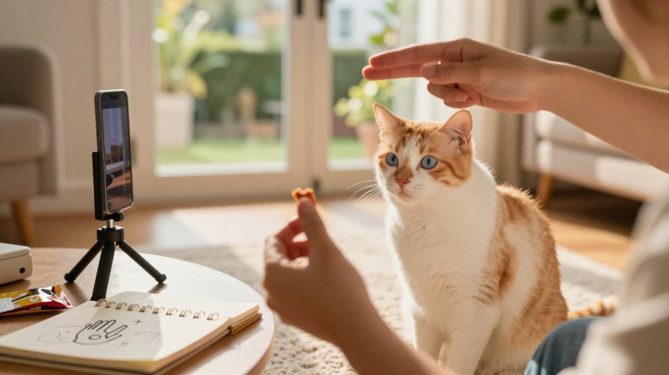 Pessoa treinando um gato com petisco enquanto grava vídeo em celular em ambiente interno iluminado.
