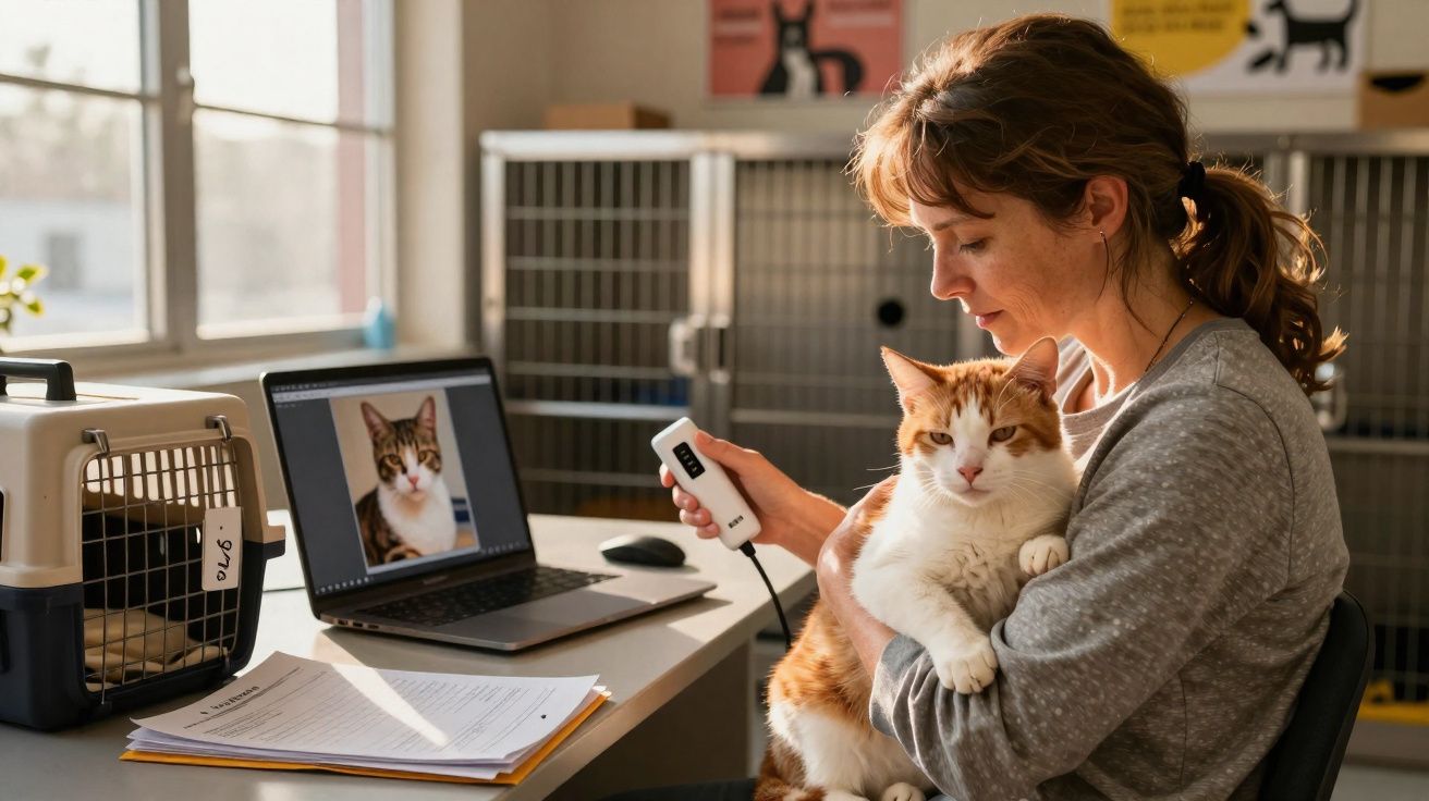 Mulher segurando gato enquanto usa scanner para identificar animal em refúgio de pets.