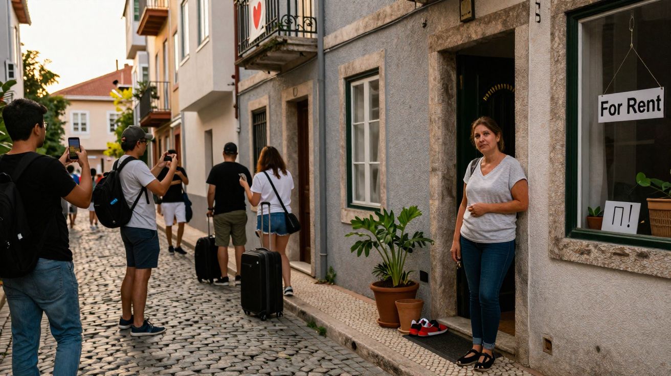 Turistas fotografam mulher na porta de casa com placas de "For Rent" em rua de paralelepípedos.