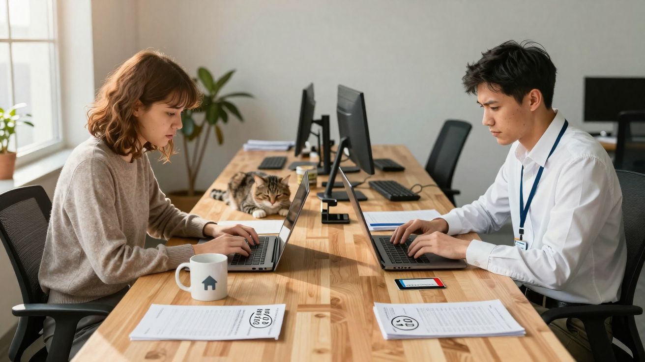 Duas pessoas trabalhando com laptops em mesa longa de escritório, com gato deitado entre elas.