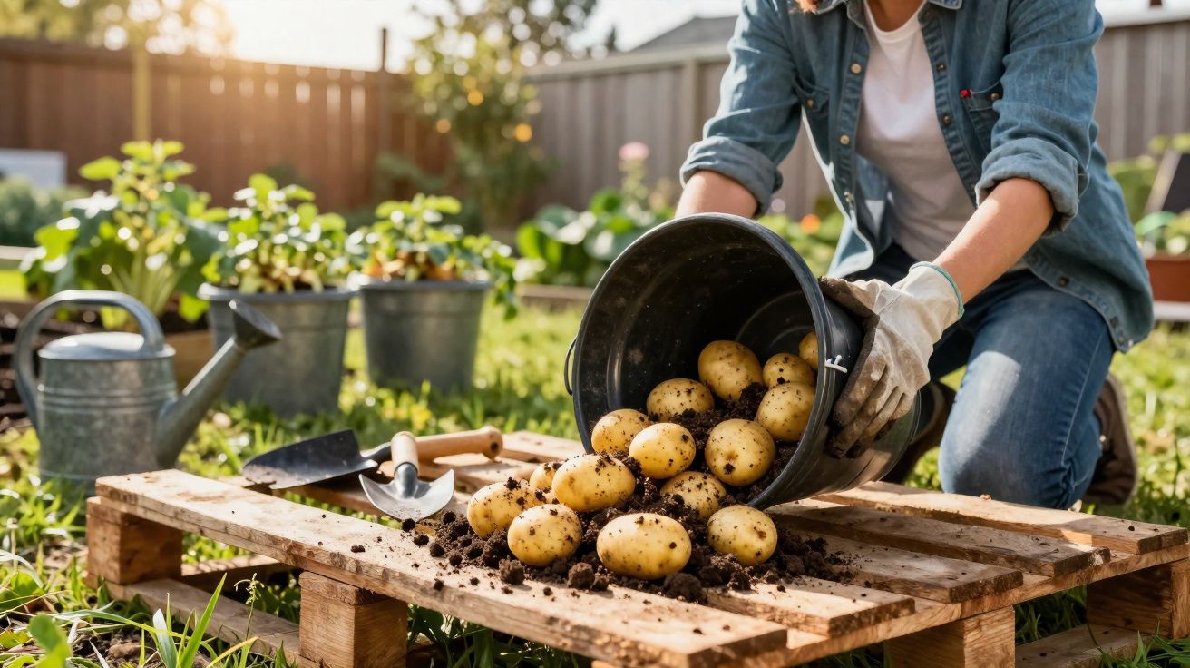 Pessoa despejando batatas recém-colhidas de um balde em um pallet de madeira em um jardim ensolarado.