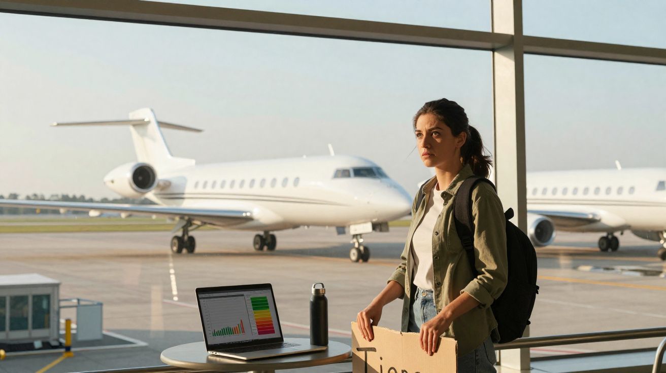 Mulher com mochila segura cartaz em aeroporto, olhando pela janela com avião e laptop na mesa.