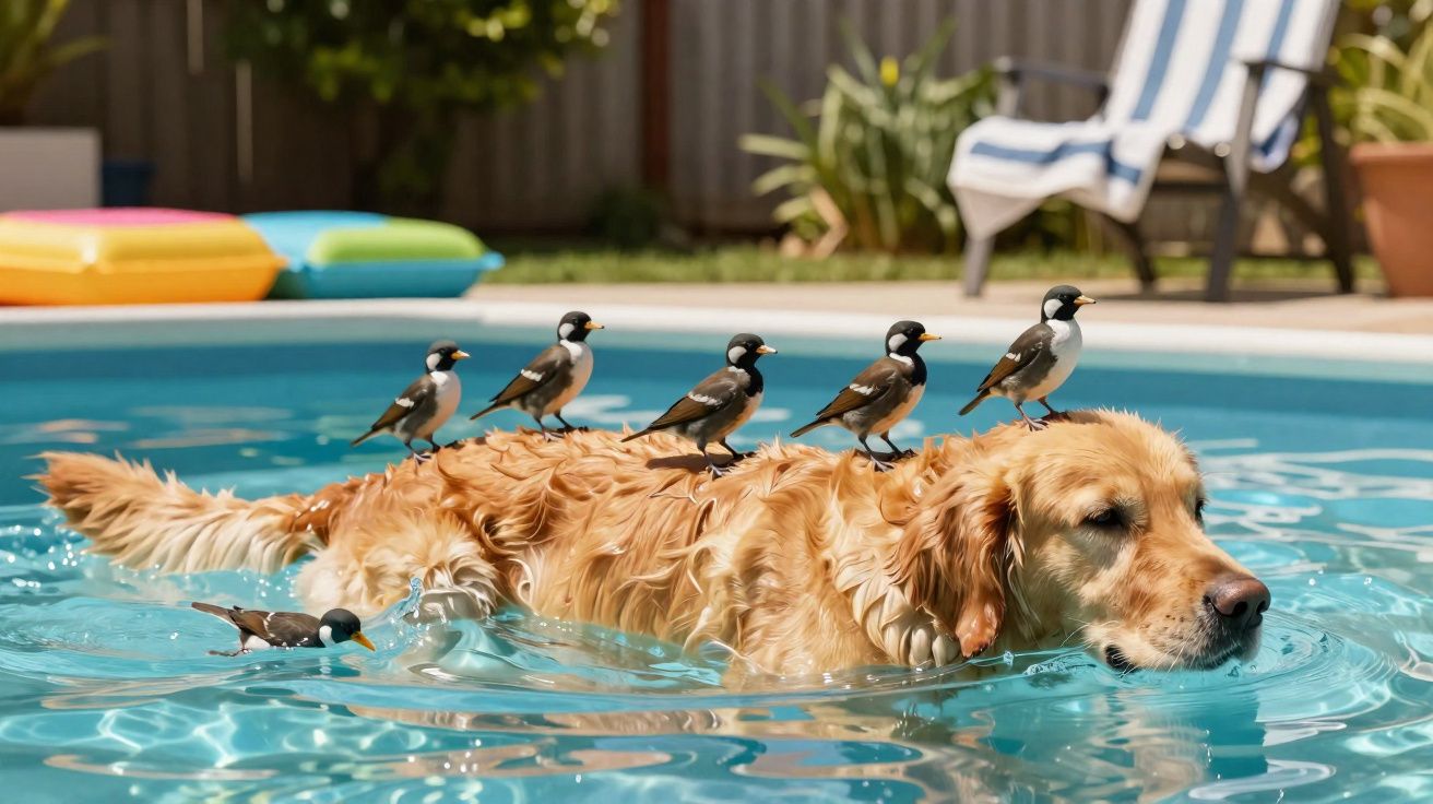 Cachorro nadando na piscina com cinco pássaros pretos e brancos em suas costas.