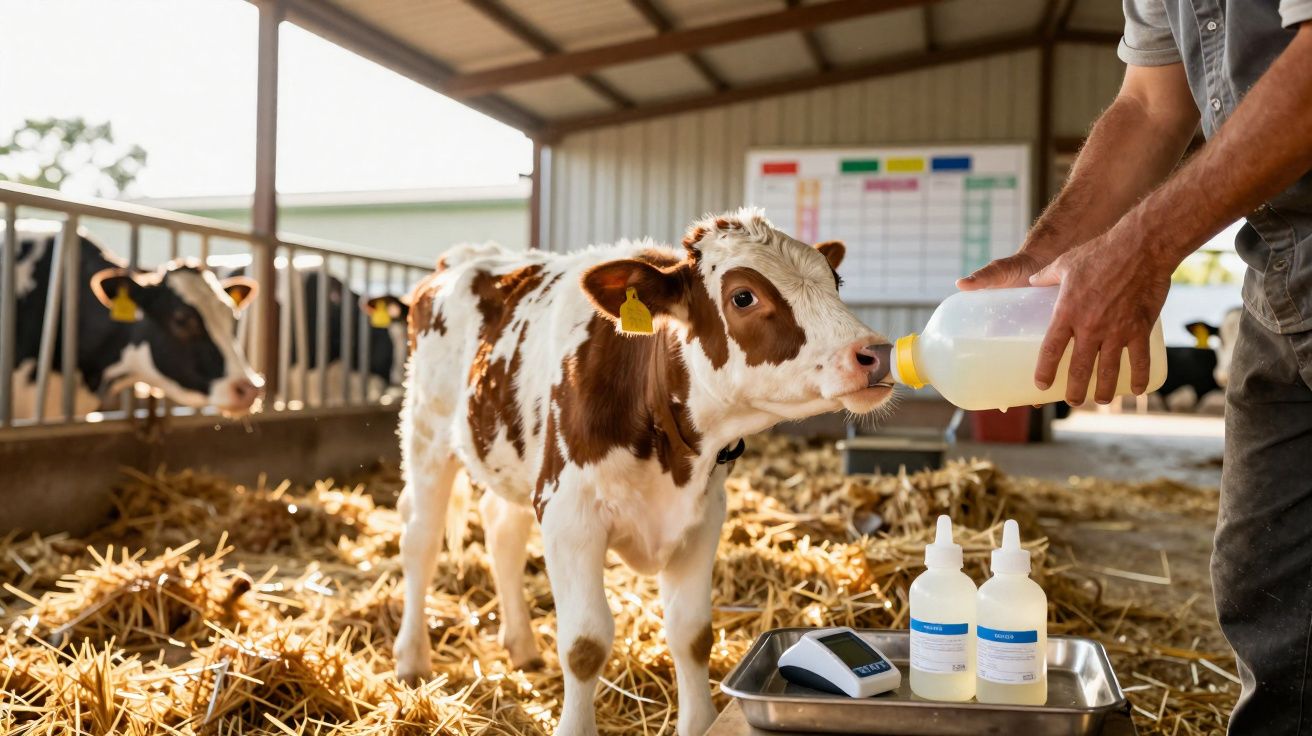 Bezerro sendo alimentado com mamadeira por pessoa em estábulo com cama de palha.