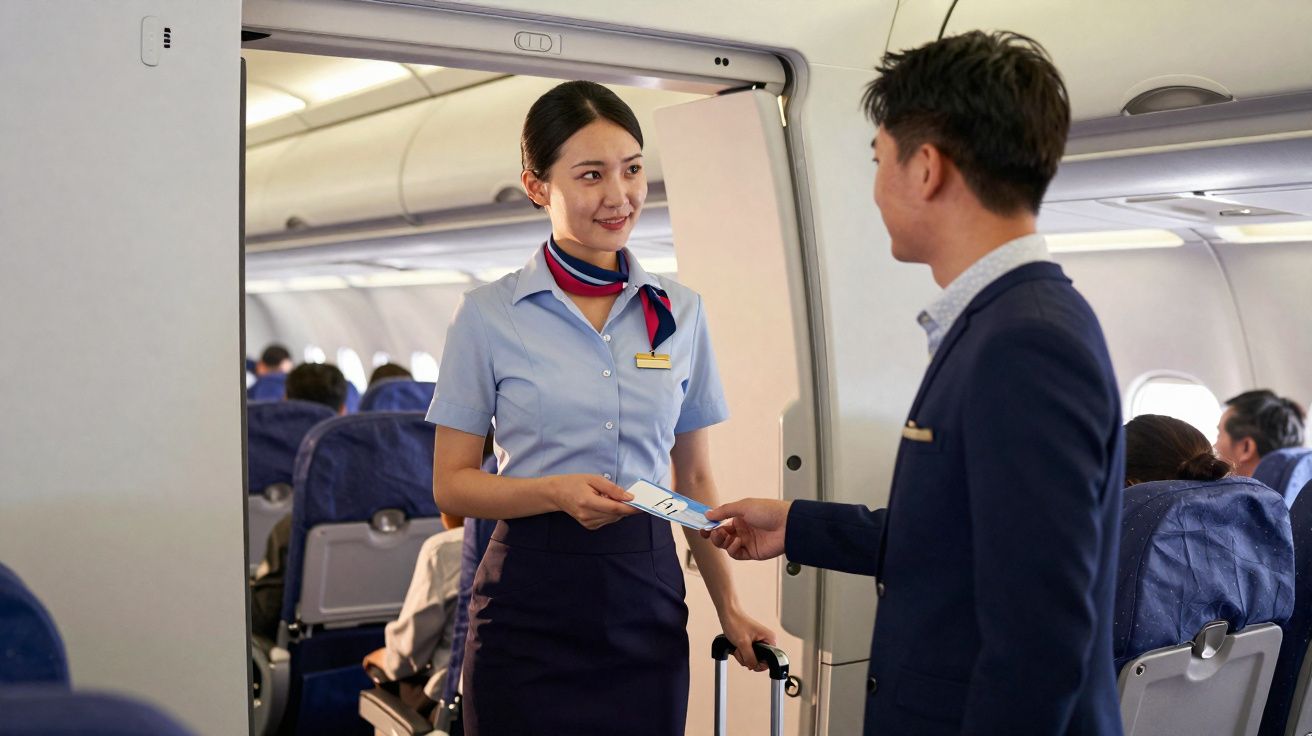 Comissária de bordo entregando cartão de embarque a passageiro dentro do avião.