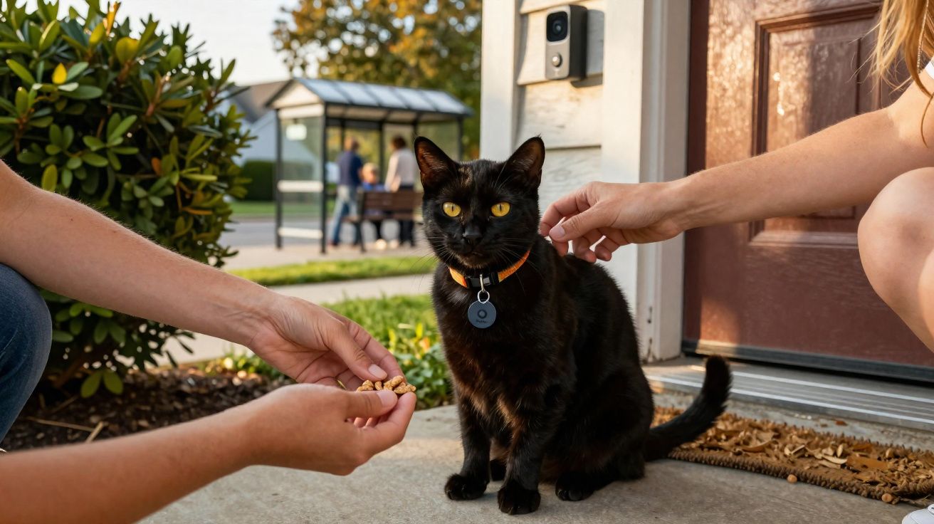 Gato preto com coleira laranja é acariciado e recebe petiscos na entrada de uma casa durante o dia.