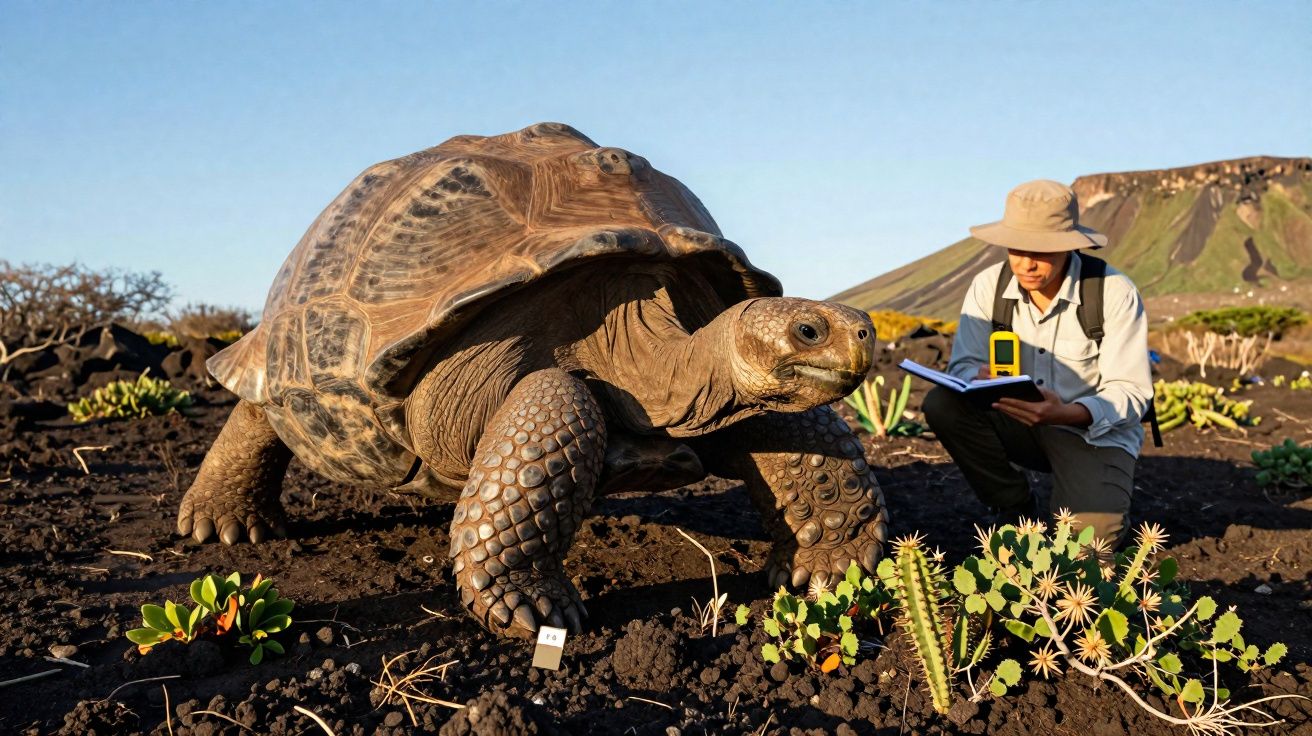 Tartaruga gigante caminhando em solo árido com pesquisador observando e anotando dados ao fundo.