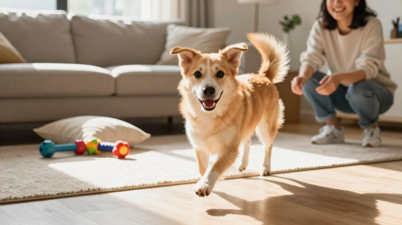 Cachorro alegre correndo em sala de estar com mulher sorrindo agachada ao fundo.