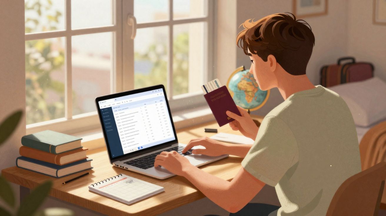 Jovem sentado à mesa usando laptop e segurando passaporte enquanto planeja viagem em ambiente iluminado.