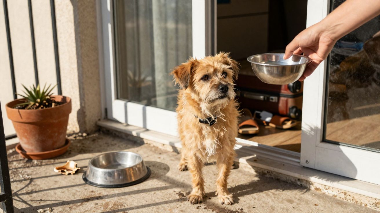 Cachorro olhando para mão que oferece tigela de água na varanda com plantas e porta de vidro aberta.