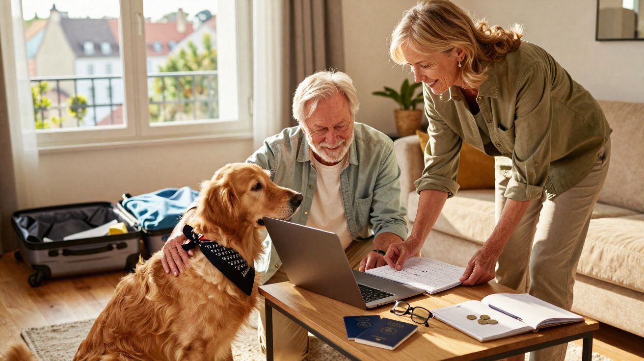 Casal idoso planejando viagem com laptop, documentos e seu cachorro ao lado em sala iluminada.