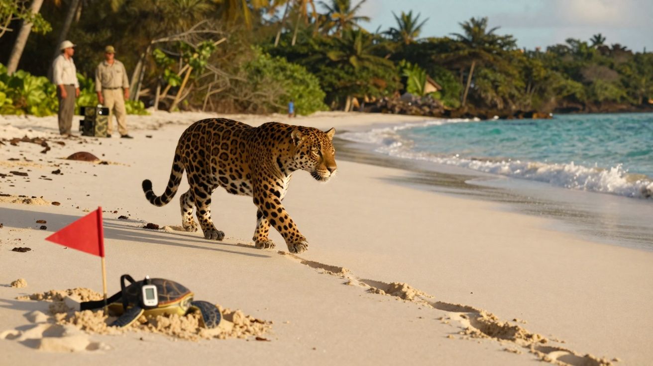 Onça-pintada caminhando na areia da praia perto de tartaruga com dispositivo e pessoas ao fundo.