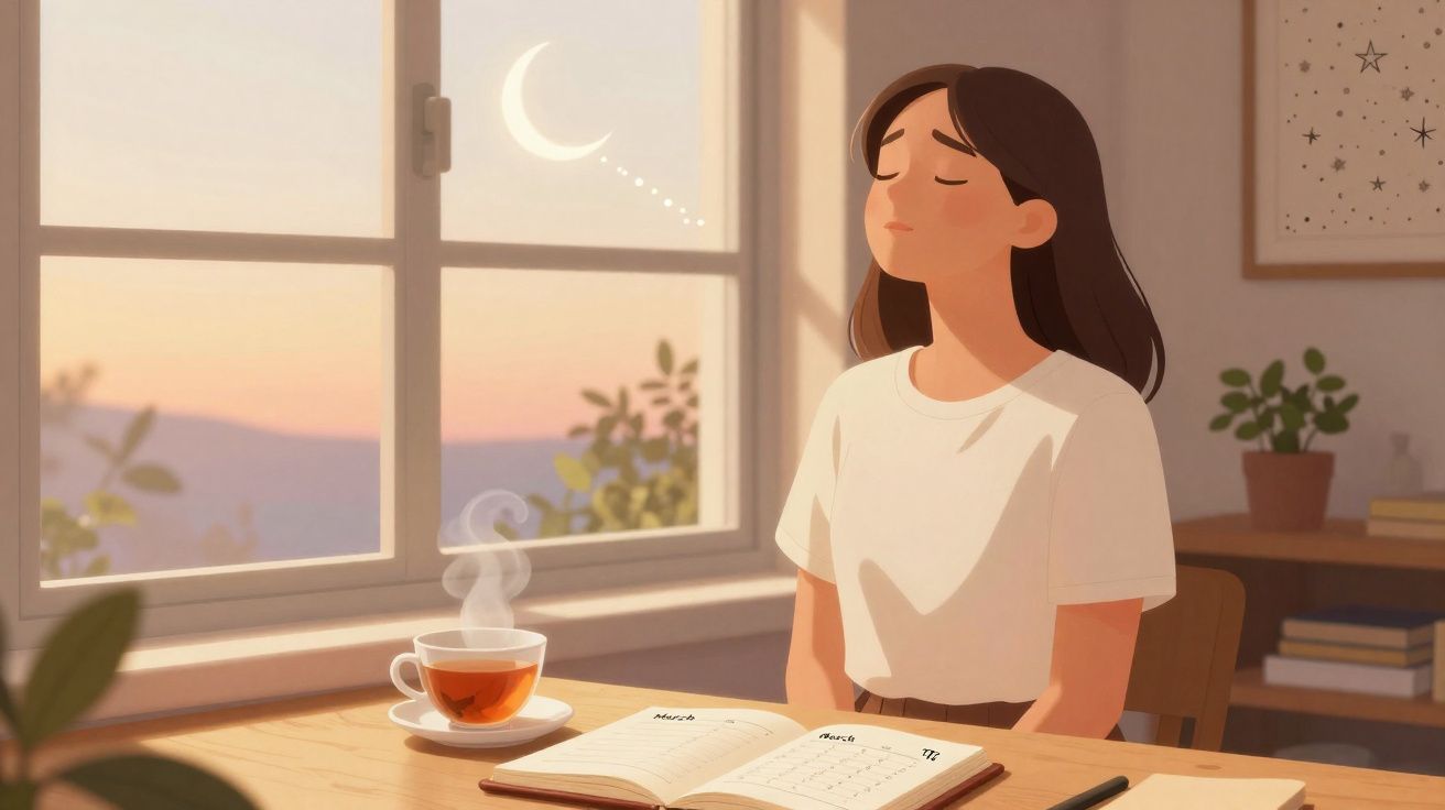 Mulher sentada em mesa com livro aberto e xícara de chá, janela mostrando céu ao pôr do sol com lua crescente.