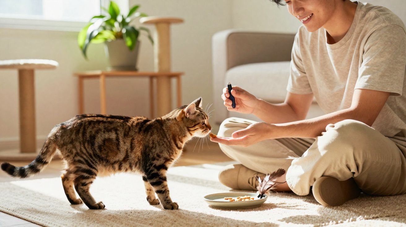 Pessoa alimentando um gato com petisco em sala iluminada pelo sol com plantas e móveis ao fundo.