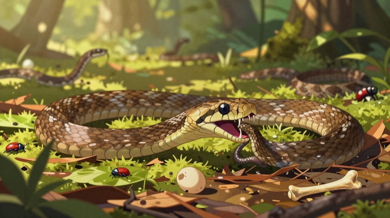 Cobra marrom com padrão de escamas enrolada na grama, rodeada por insetos, um osso e folhas secas.