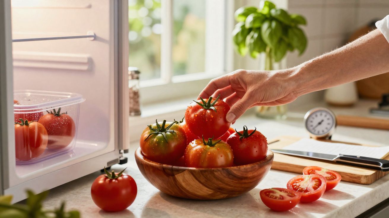 Mão pegando tomate em tigela de madeira na bancada da cozinha com tomates cortados e geladeira aberta ao fundo.