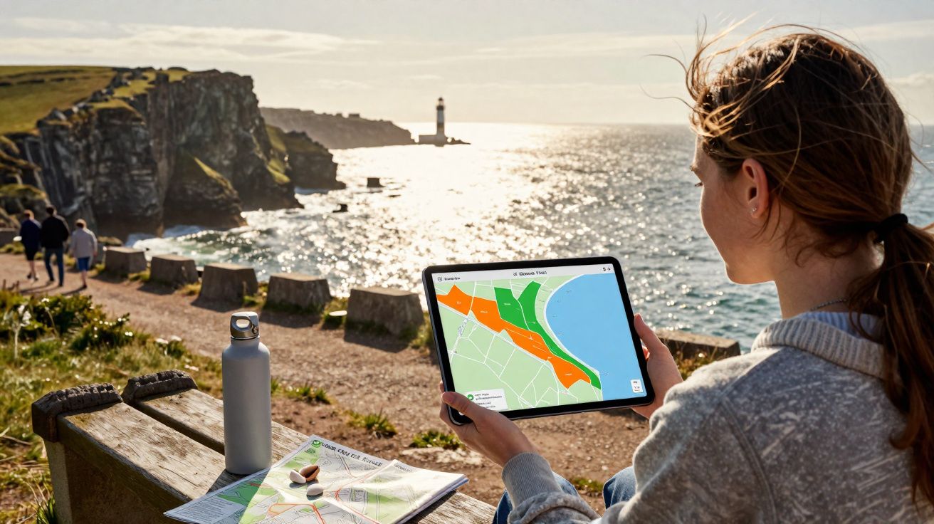 Mulher olhando mapa digital em tablet sentada à beira-mar com farol e penhascos ao fundo em dia ensolarado.