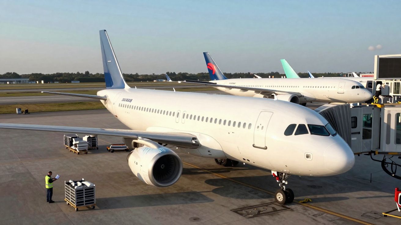 Avião branco estacionado no portão do aeroporto com funcionário e outros aviões ao fundo.