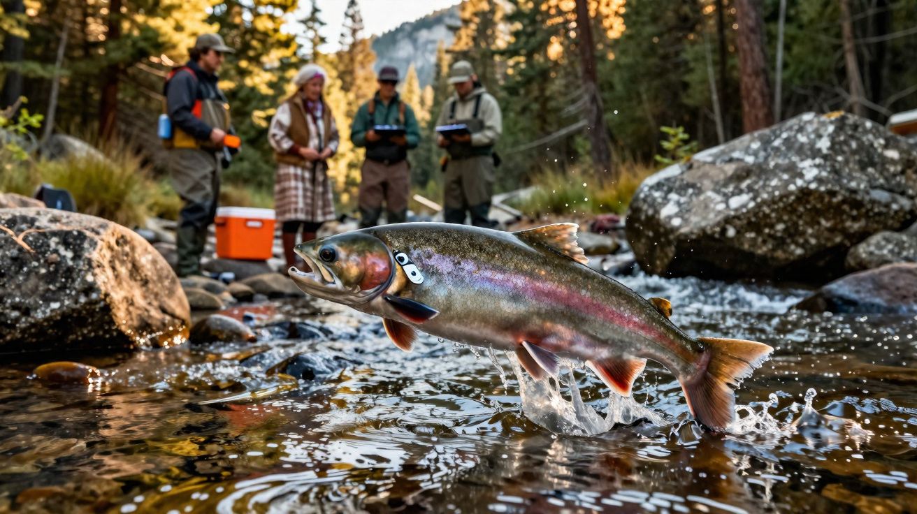 Peixe colorido saltando em rio com pessoas em roupas de pesca e árvores ao fundo em cenário de floresta.