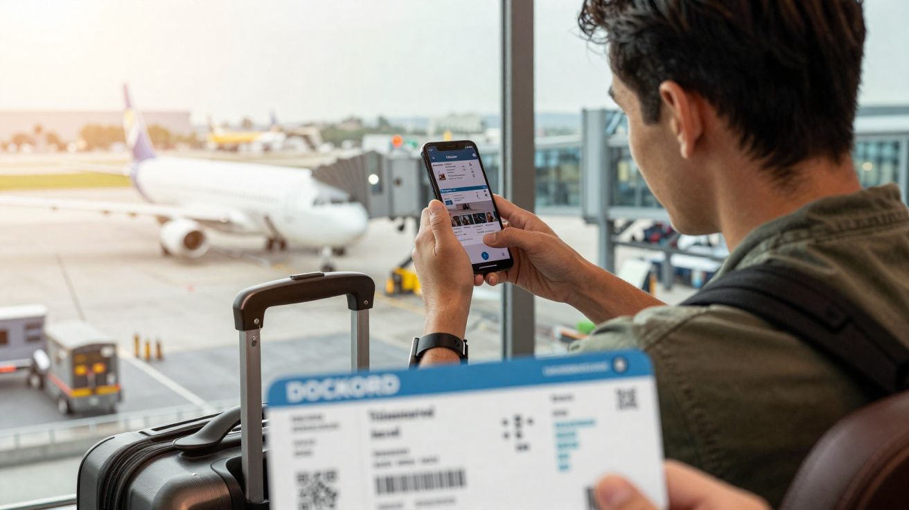 Homem em aeroporto segurando smartphone e cartão de embarque, com avião ao fundo na pista.