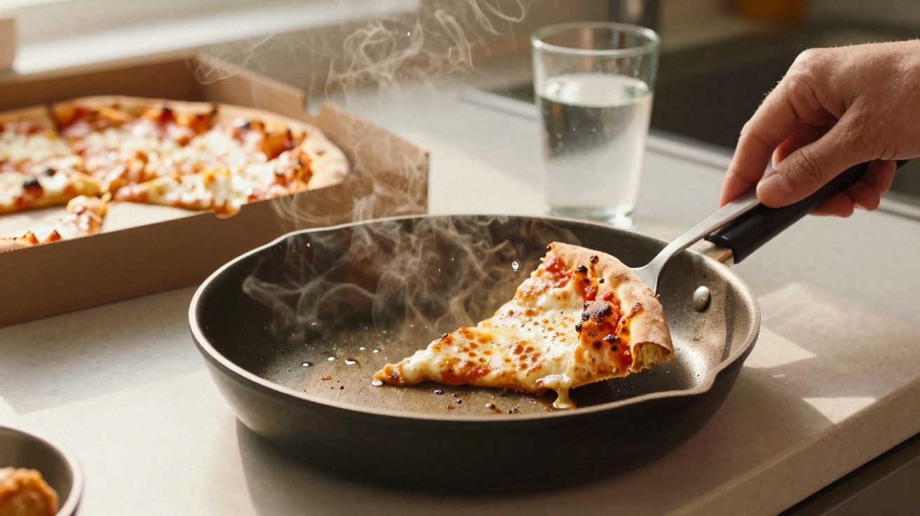 Fatia de pizza quente sendo retirada de frigideira com caixa de pizza e copo d'água ao fundo.