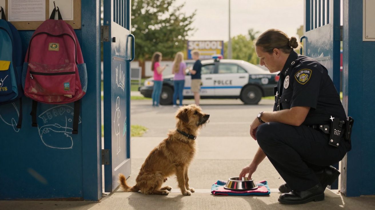 Policial ajoelhado oferecendo comida para cachorro encarando-o na entrada de escola com carteira de polícia ao fundo.