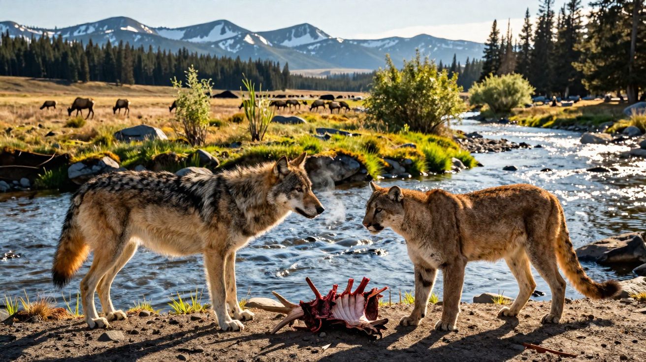 Lobo e onça-parda diante de rio com montanhas ao fundo e carcaça de animal no chão.