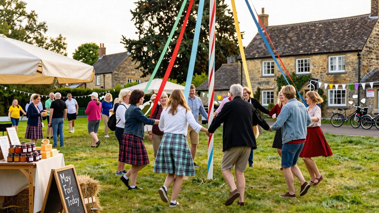 Pessoas dançando em círculo ao redor do mastro com fitas coloridas em feira ao ar livre na vila.