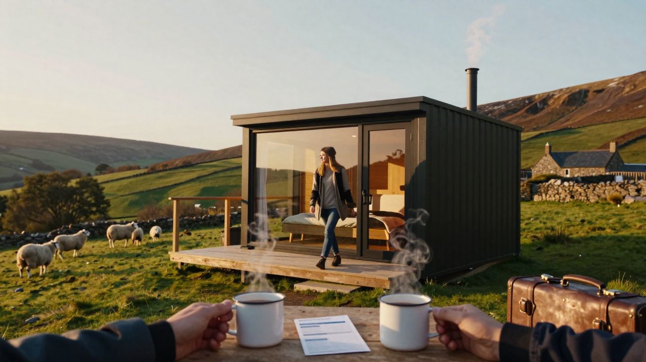 Casal tomando café em mesa externa com chalé moderno e ovelhas no campo ao entardecer.
