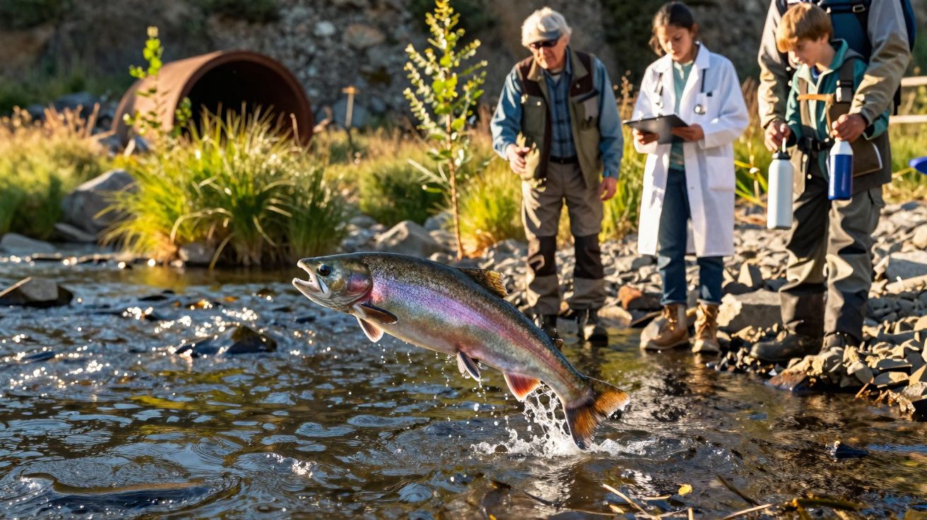 Peixe saltando em riacho com grupo de pessoas observando e anotando em ambiente ao ar livre.