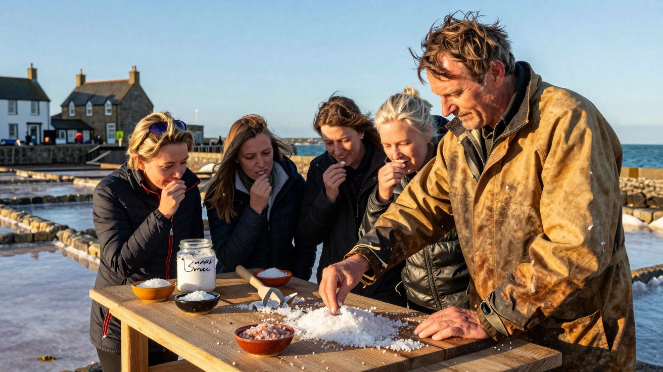 Homem mostrando sal para quatro mulheres em mesa de madeira perto do mar durante o dia.