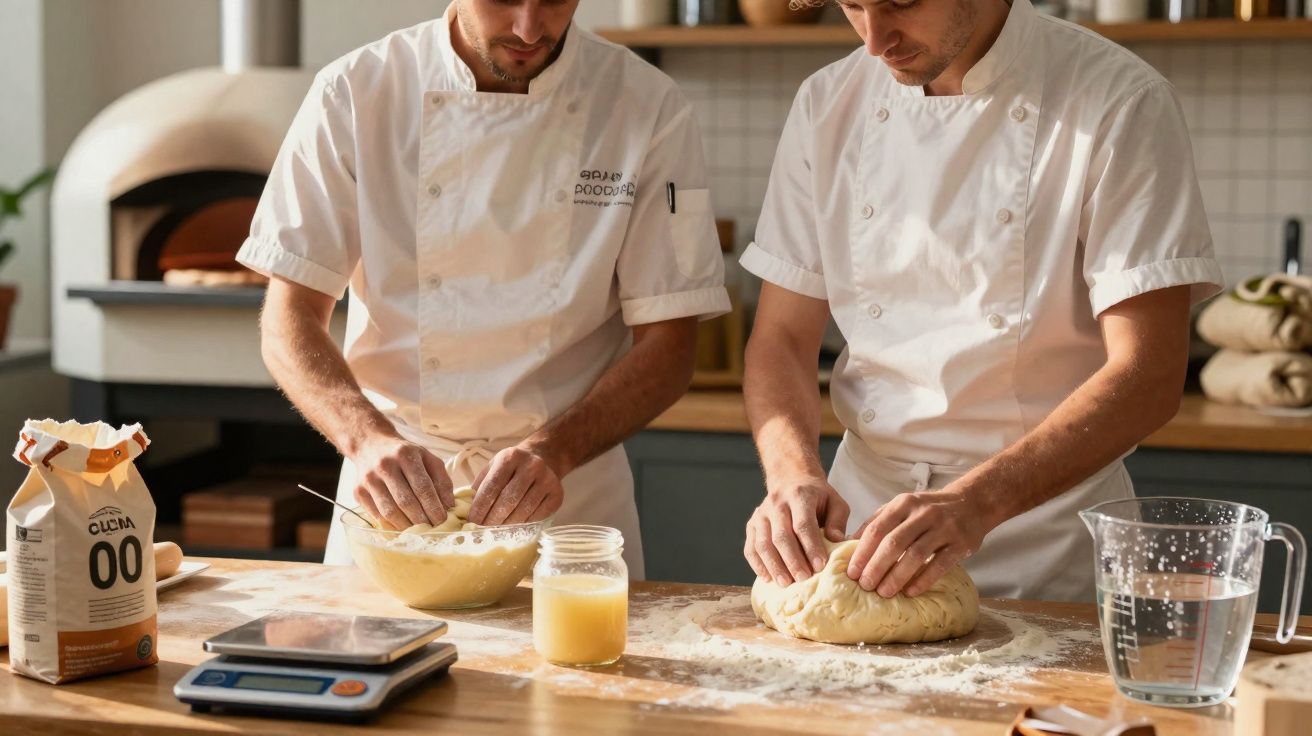 Dois homens de uniforme branco preparando massa para pão em cozinha com forno à lenha ao fundo.
