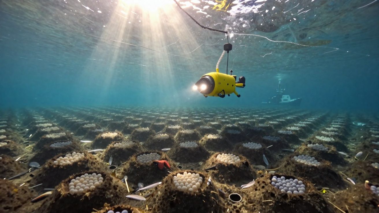 Veículo subaquático amarelo com luz explorando fazenda marinha com cultivos e peixes sob a água.