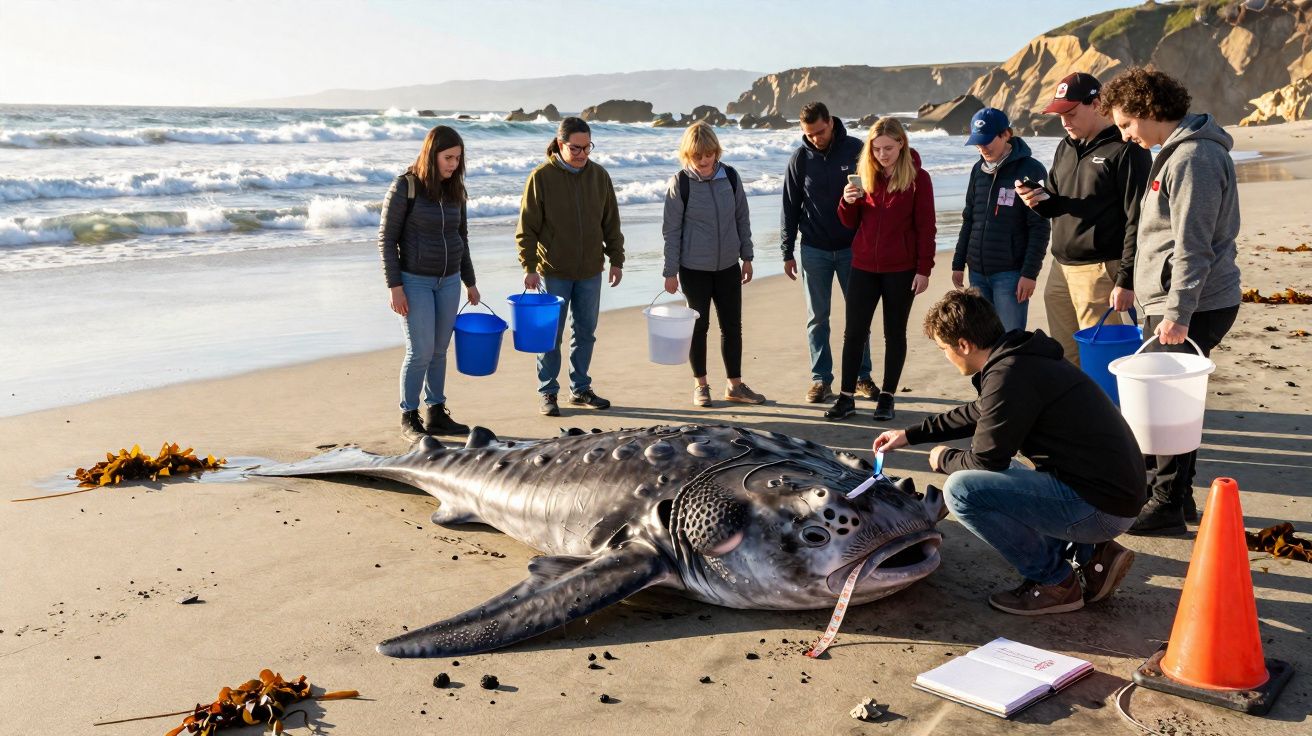 Grupo de pessoas ao redor de uma grande tartaruga marinha na praia realizando atividade de monitoramento.