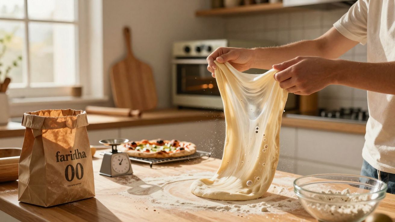 Pessoa esticando massa de pizza em cozinha com sacola de farinha 00 e pizza pronta ao fundo.